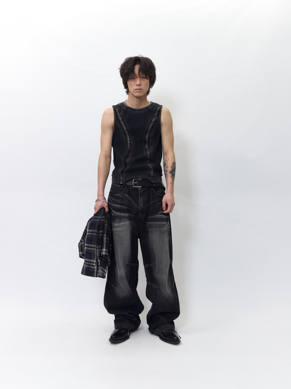 Embossed Wave Washing Wide Denim Pants Black — vue 8