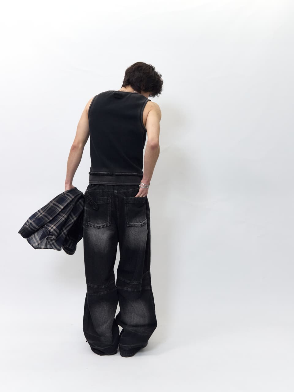 Embossed Wave Washing Wide Denim Pants Black — vue 9