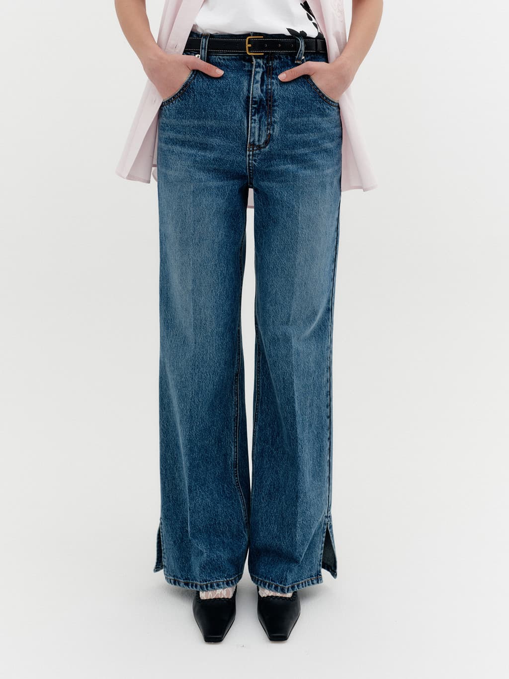 Flare-Fit Slit Denim Pants - Blue — vue 7