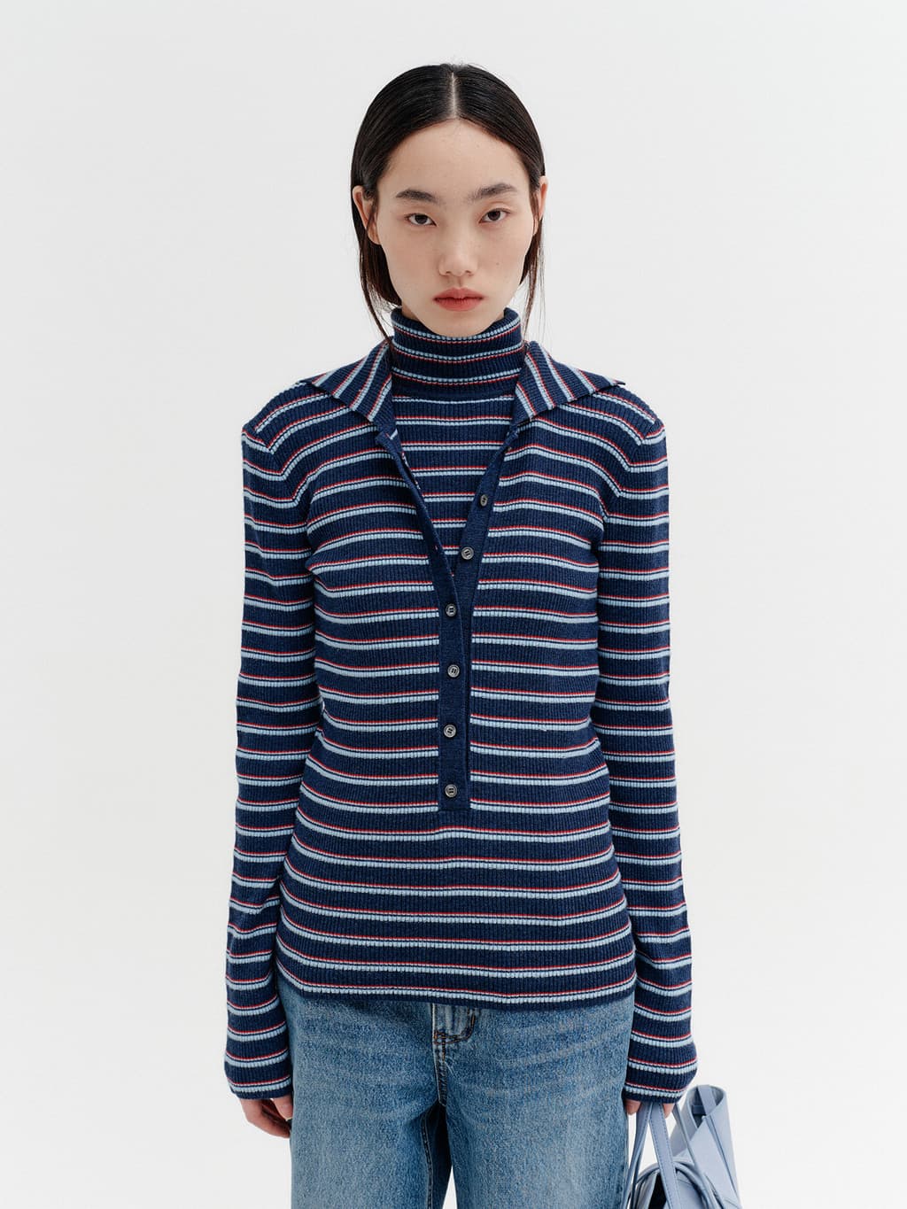 High-Neck Layered Knit Top - Navy — vue 1