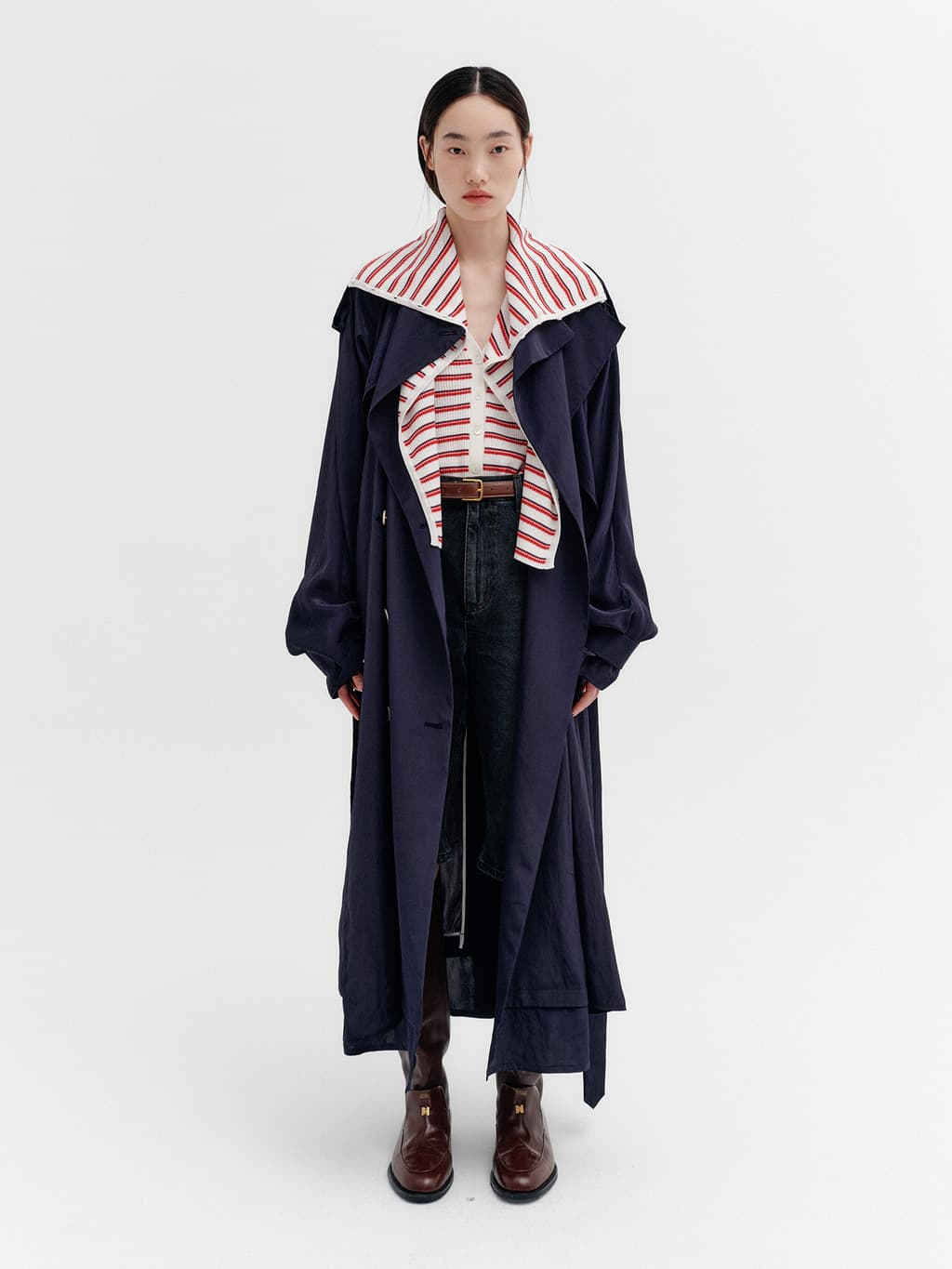 Layered Collar Trench Coat - Navy — vue 1