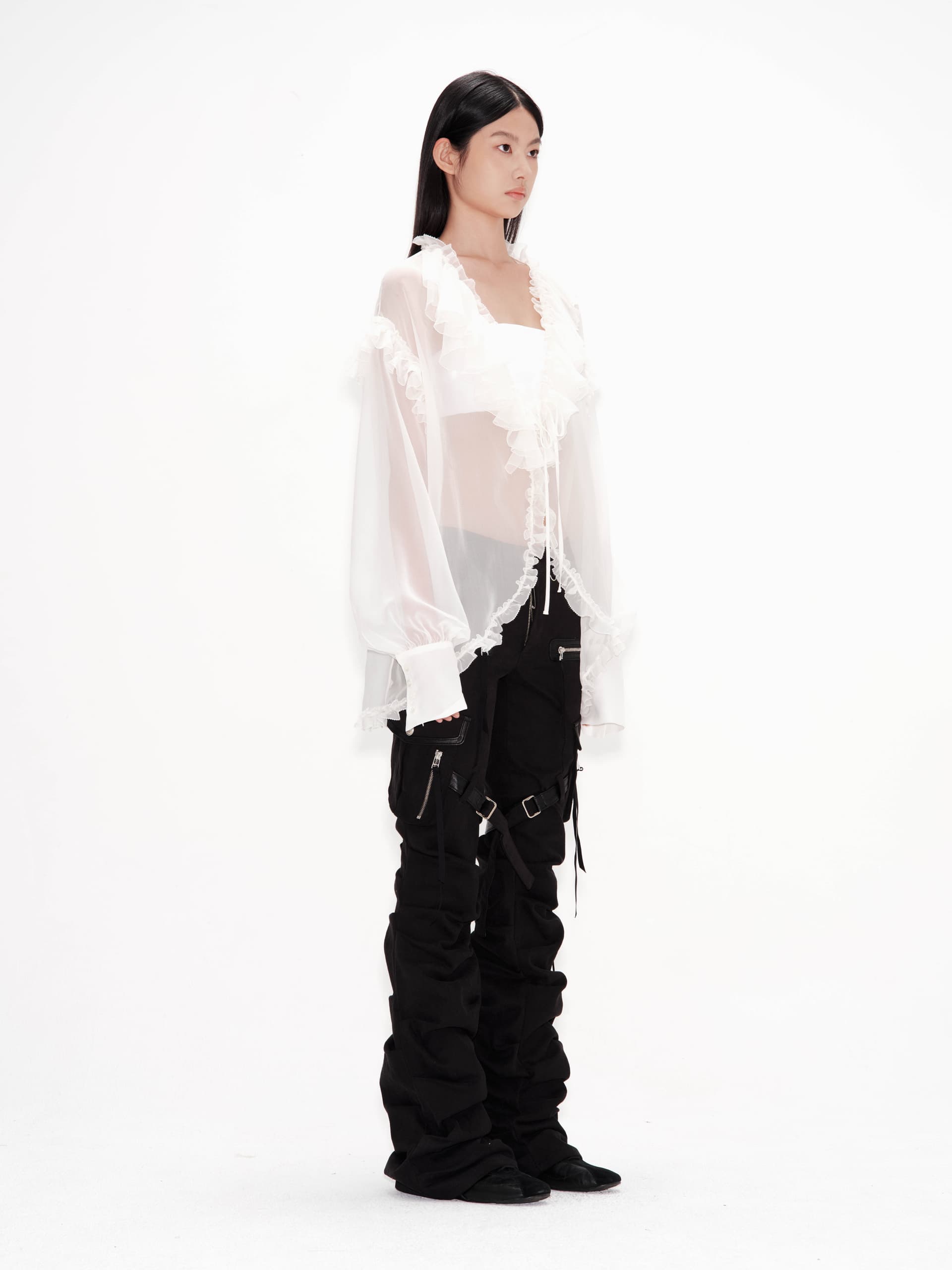 Silk Ruffle Shirt (Off White) — vue 2