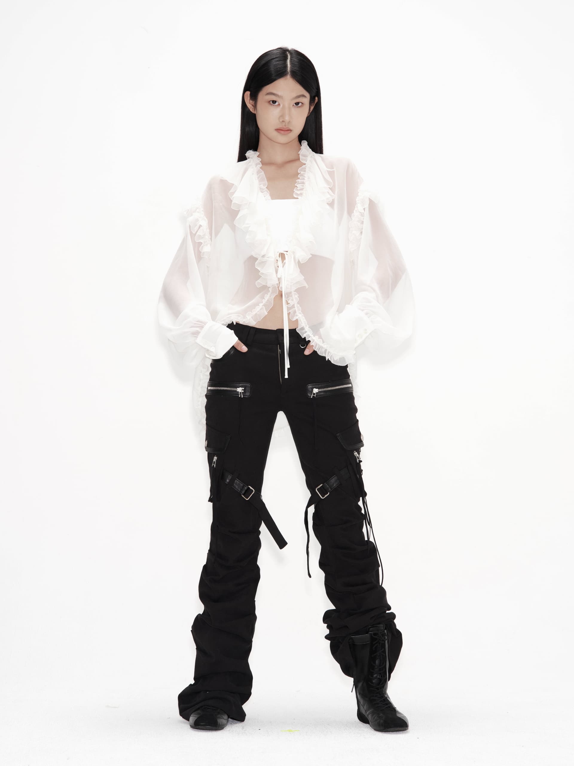 Silk Ruffle Shirt (Off White) — vue 4