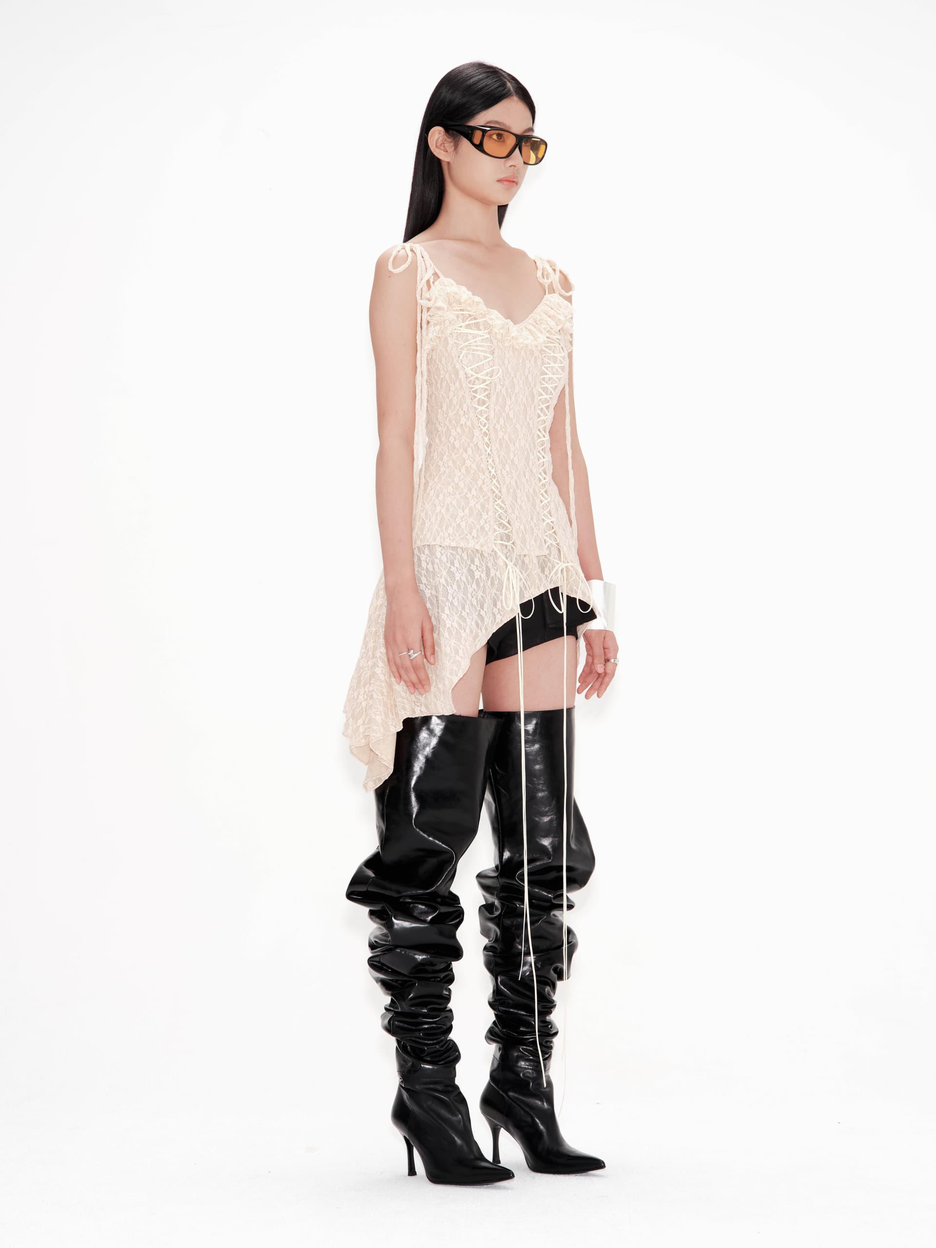 Lace Up Ruffled Dress (Ivory) — vue 2