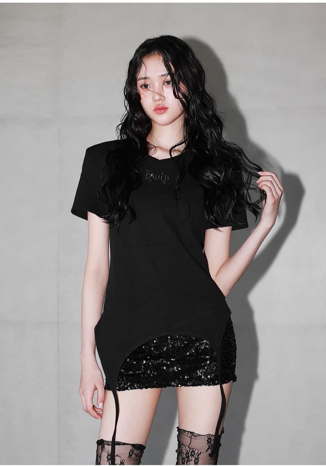 Shoulder-padded waffle T-shirt _ Black — vue 7