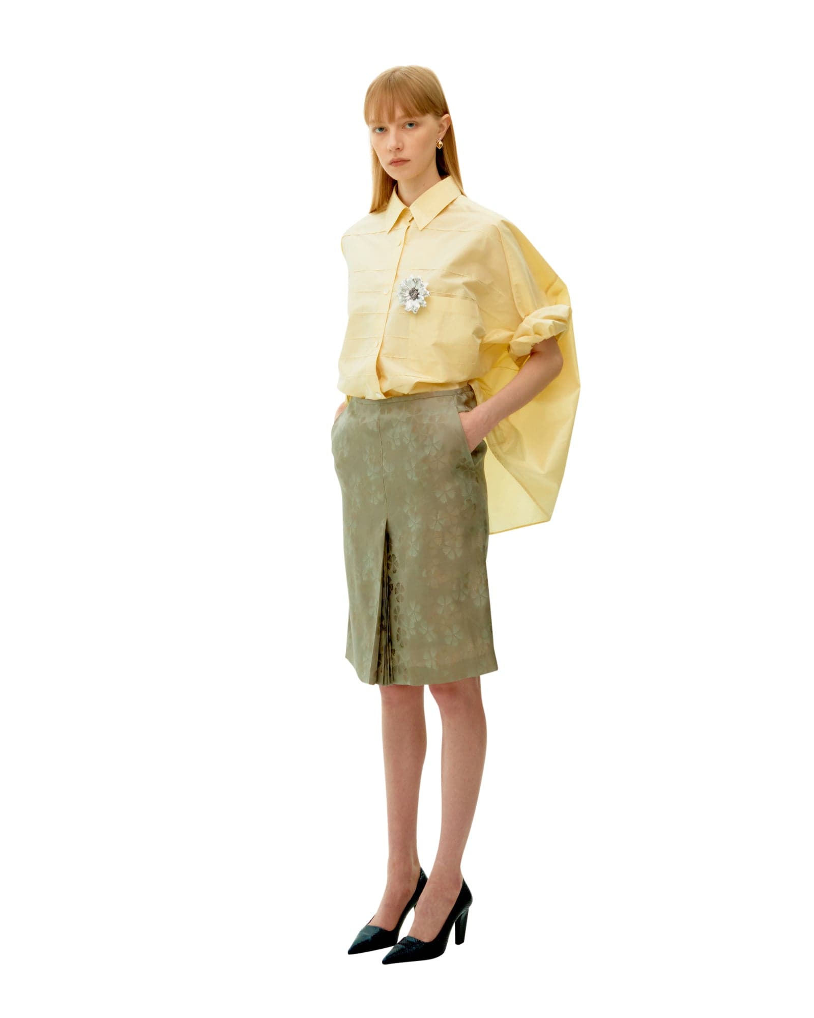 Beige Jacquard Silk Hidden Pleated Skirt — vue 2