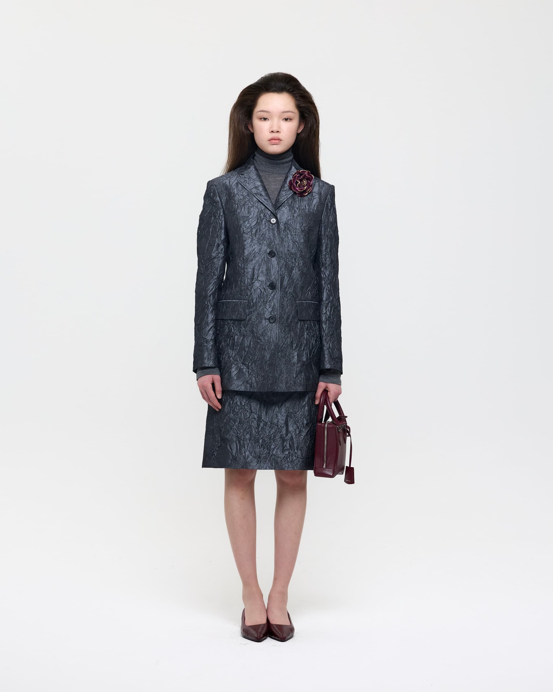 Gray Creased Silk Taffeta Skirt — vue 2