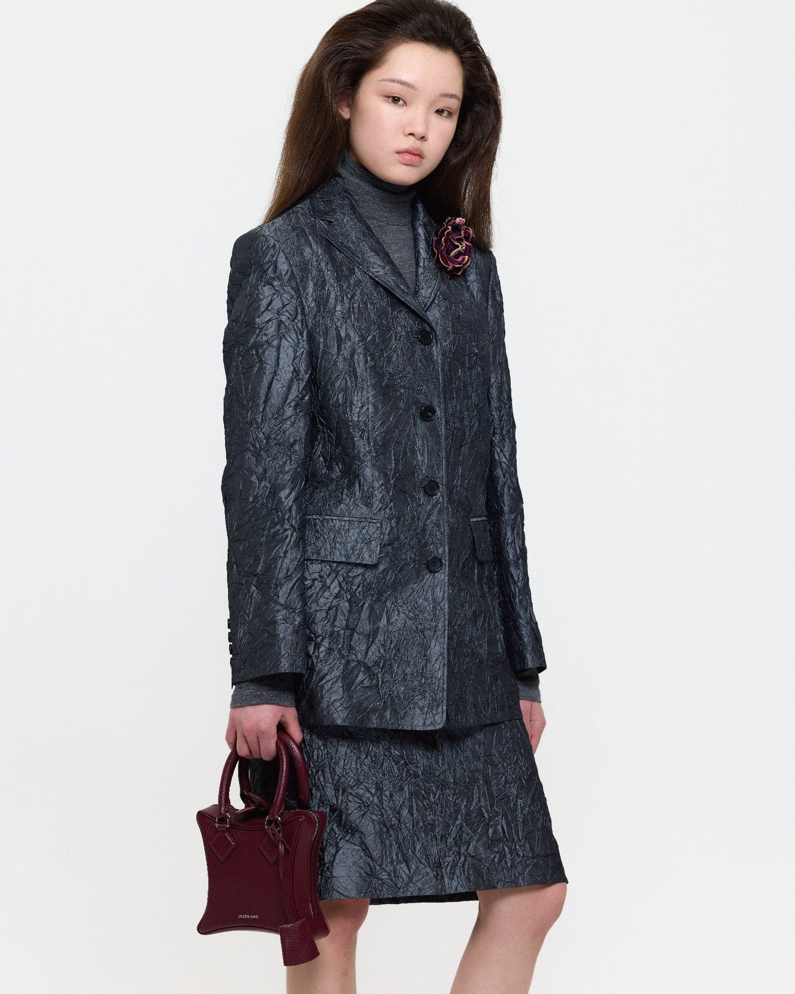 Gray Creased Silk Taffeta Skirt — vue 1