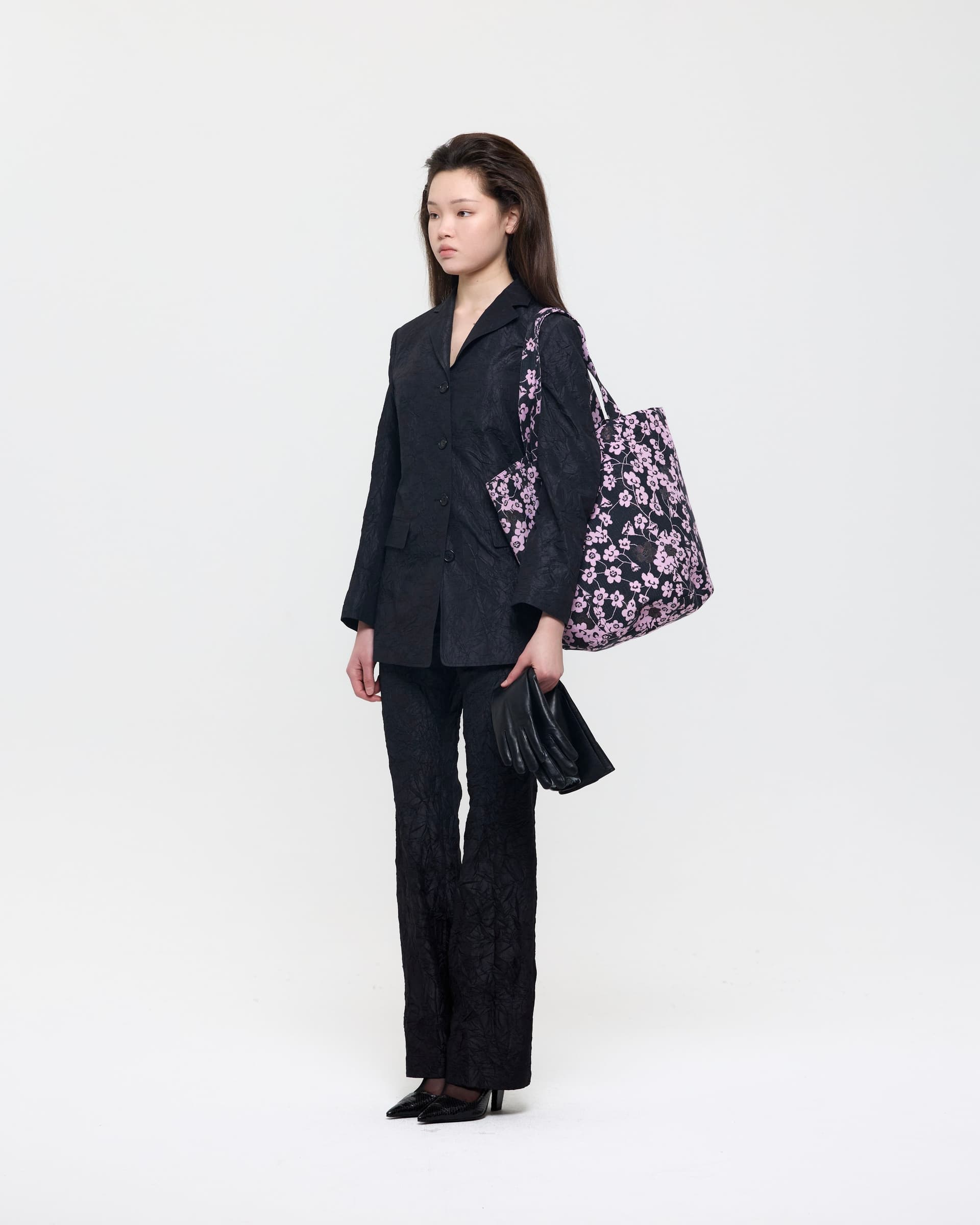 Black Creased Silk Taffeta Bell Bottom Trousers — vue 3