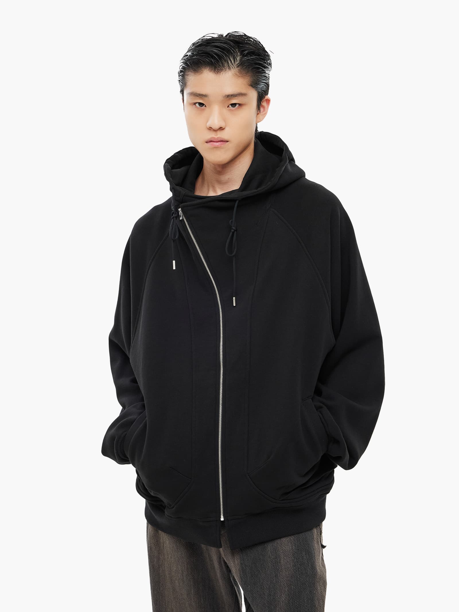Asymmetric Zip-Up Hoodie - Black — vue 3