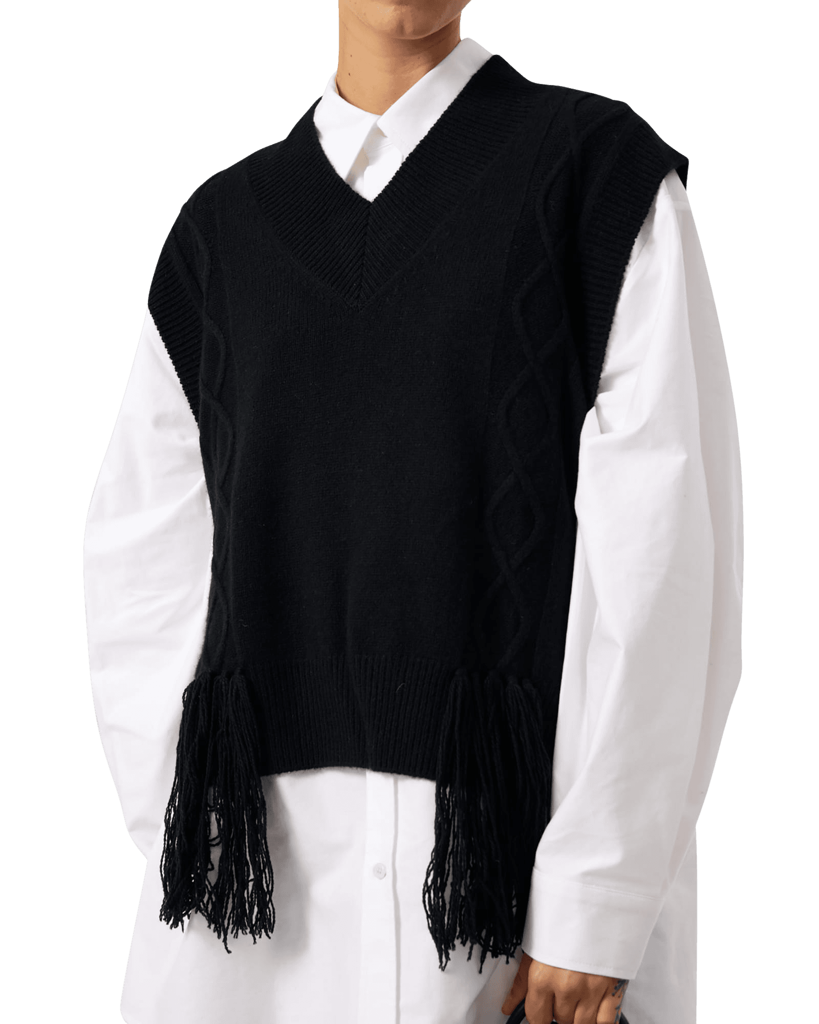 Fringed Knit Vest (Black) — vue 18