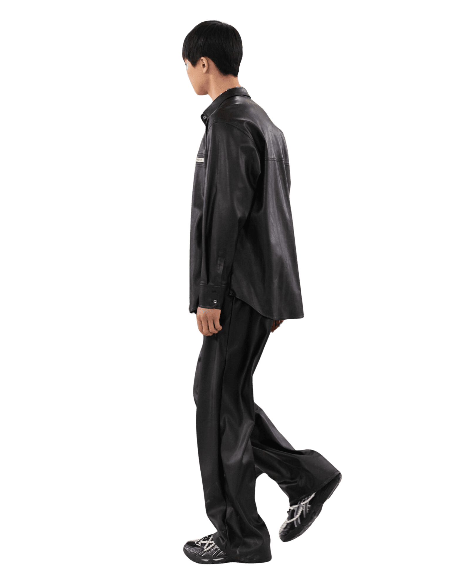 Vegan Leather Label Wide Fit Pants (Black) — vue 2