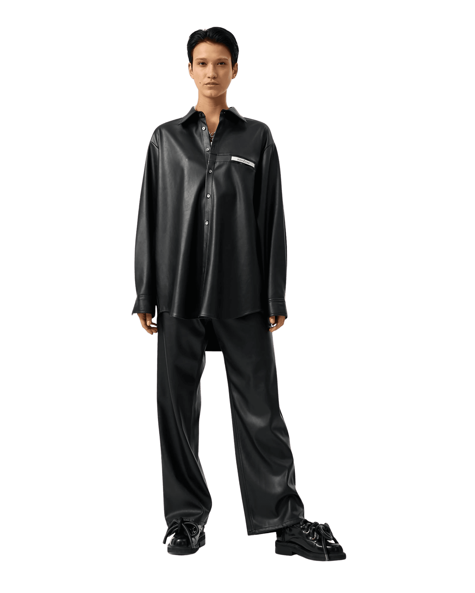 Vegan Leather Label Wide Fit Pants (Black) — vue 4
