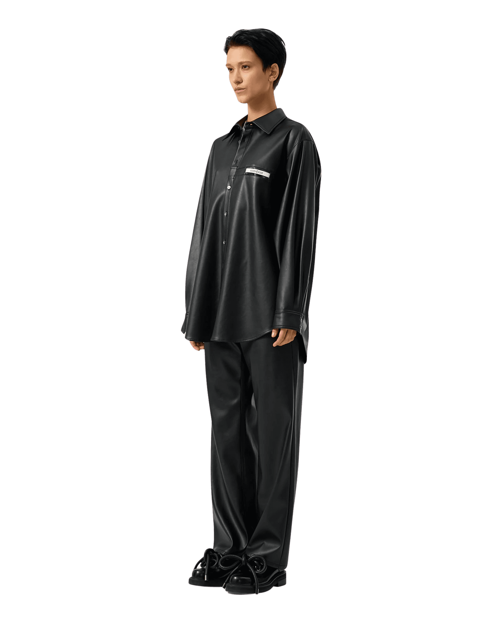 Vegan Leather Label Wide Fit Pants (Black) — vue 6