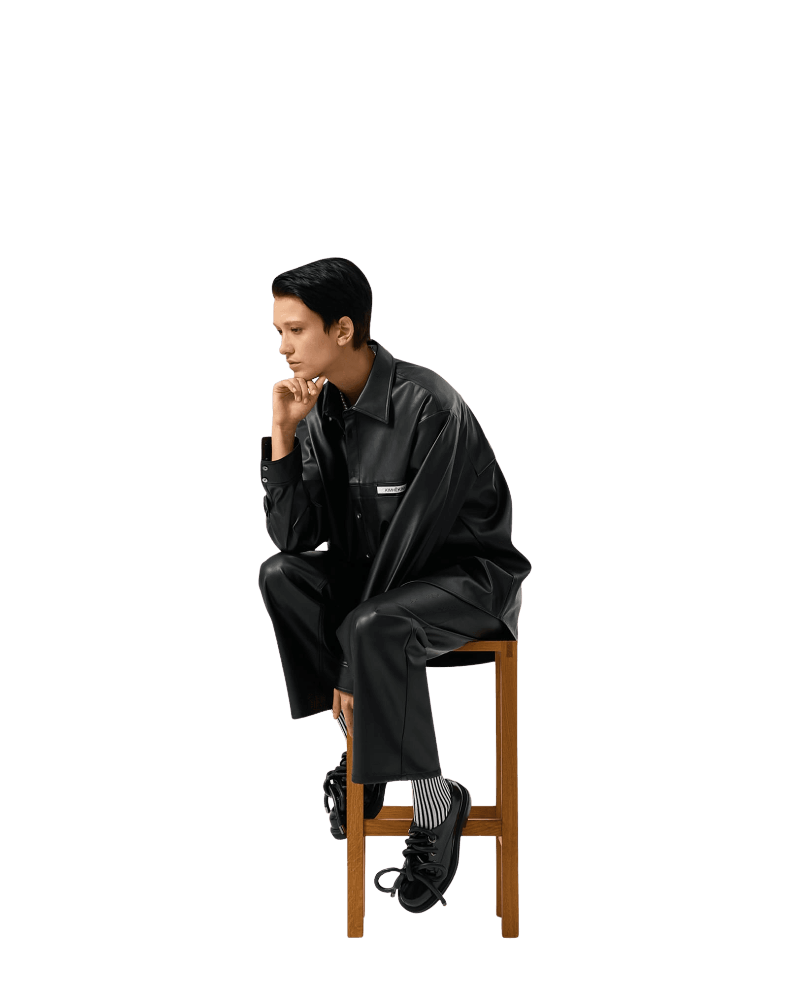 Vegan Leather Label Wide Fit Pants (Black) — vue 9