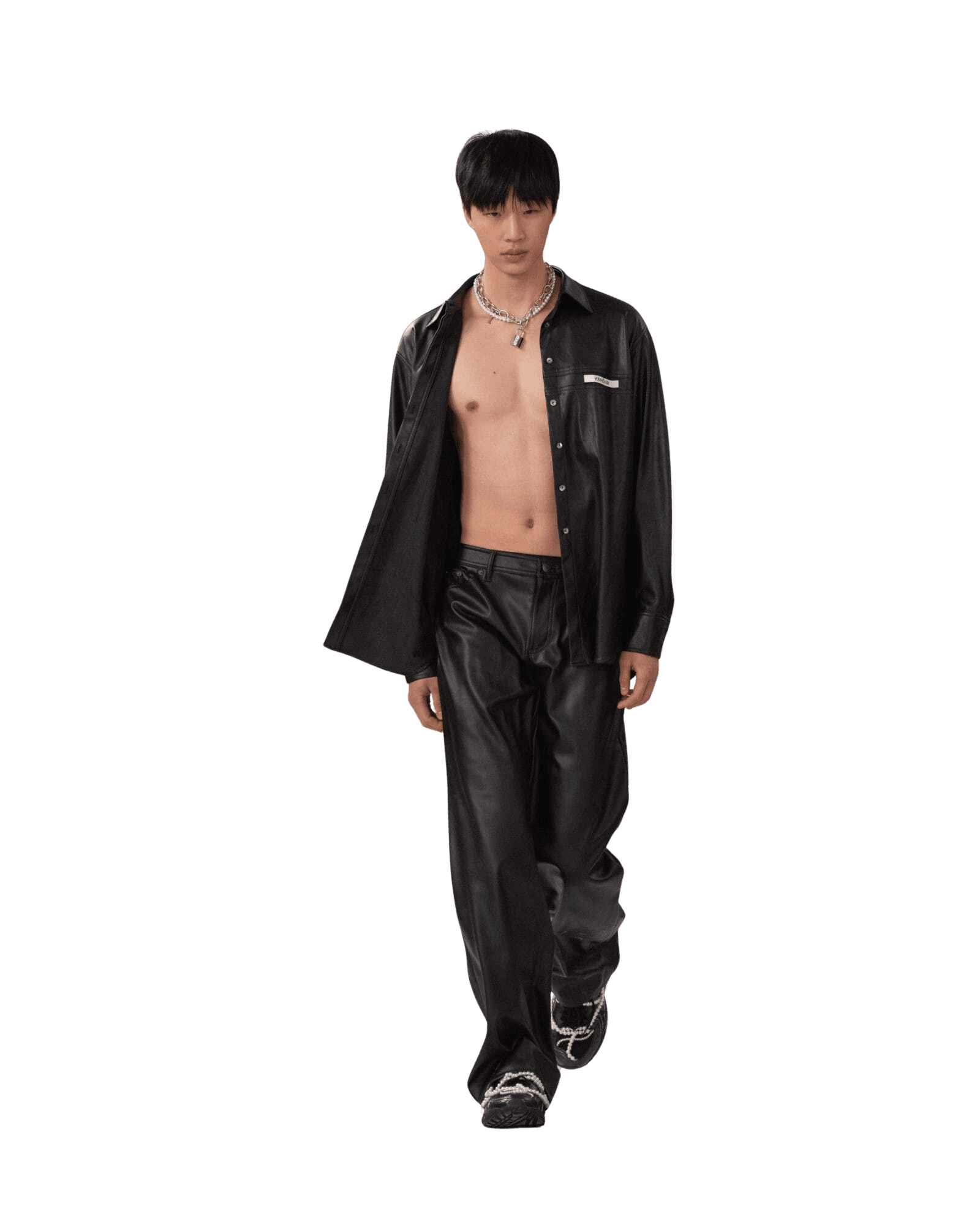 Vegan Leather Label Wide Fit Pants (Black) — vue 1