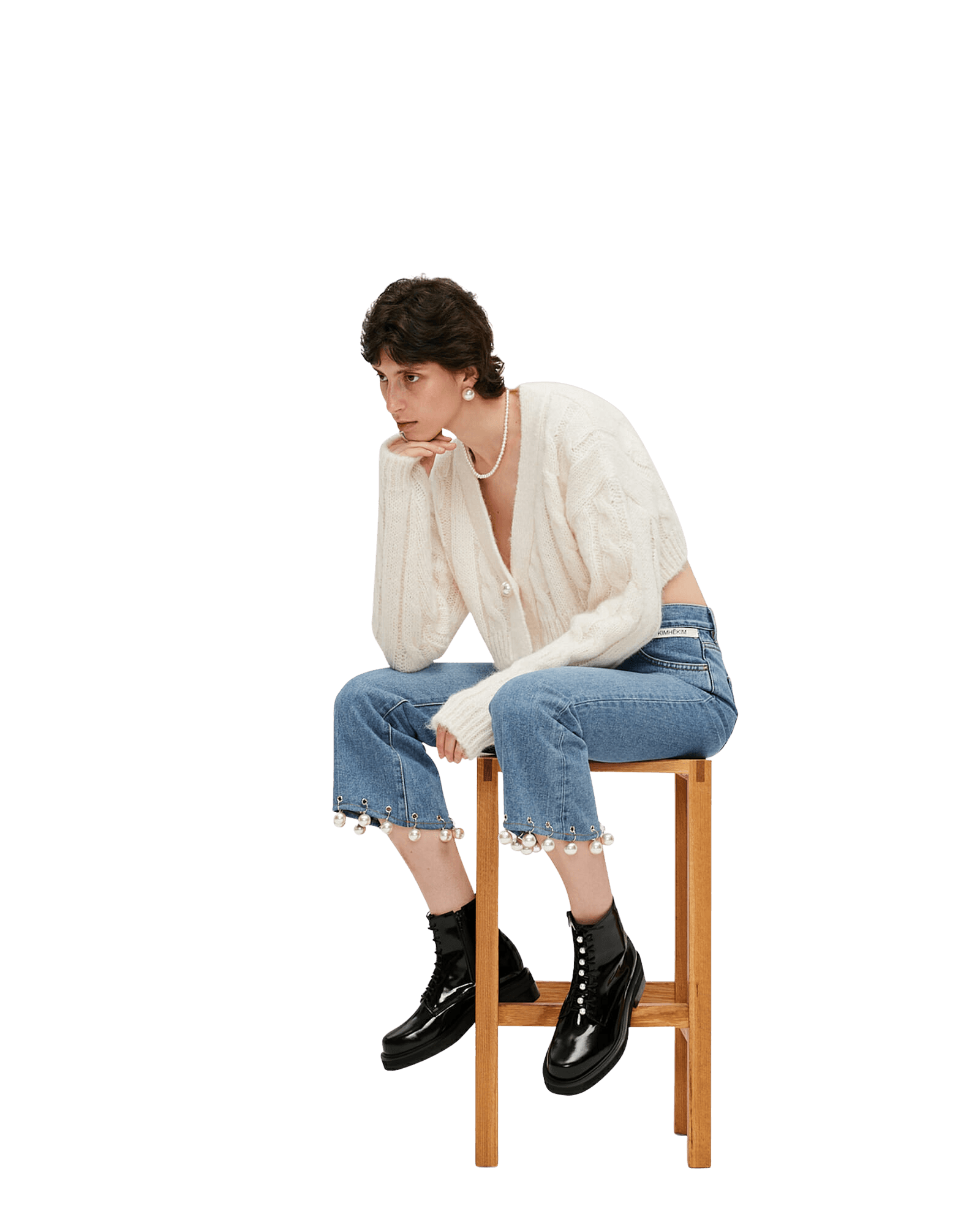 Pearl Trimmed Cropped Denim Pants (Sky Blue) — vue 5