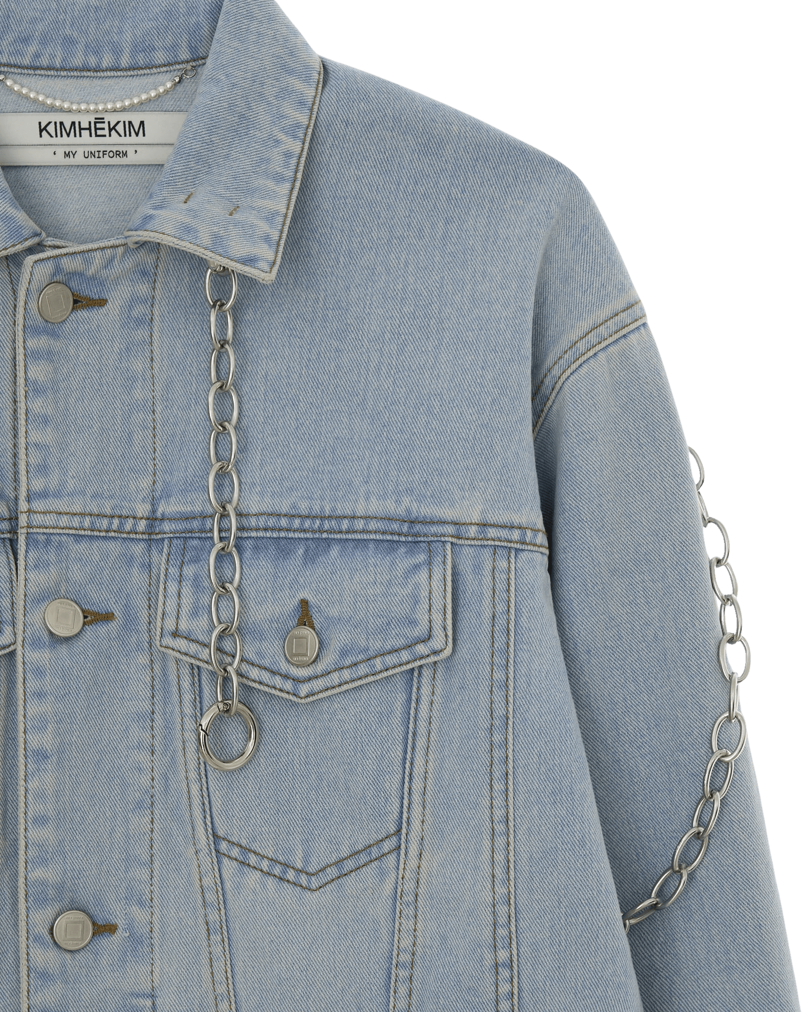 Detachable Chain Embellished Denim Jacket (Sky Blue) — vue 4