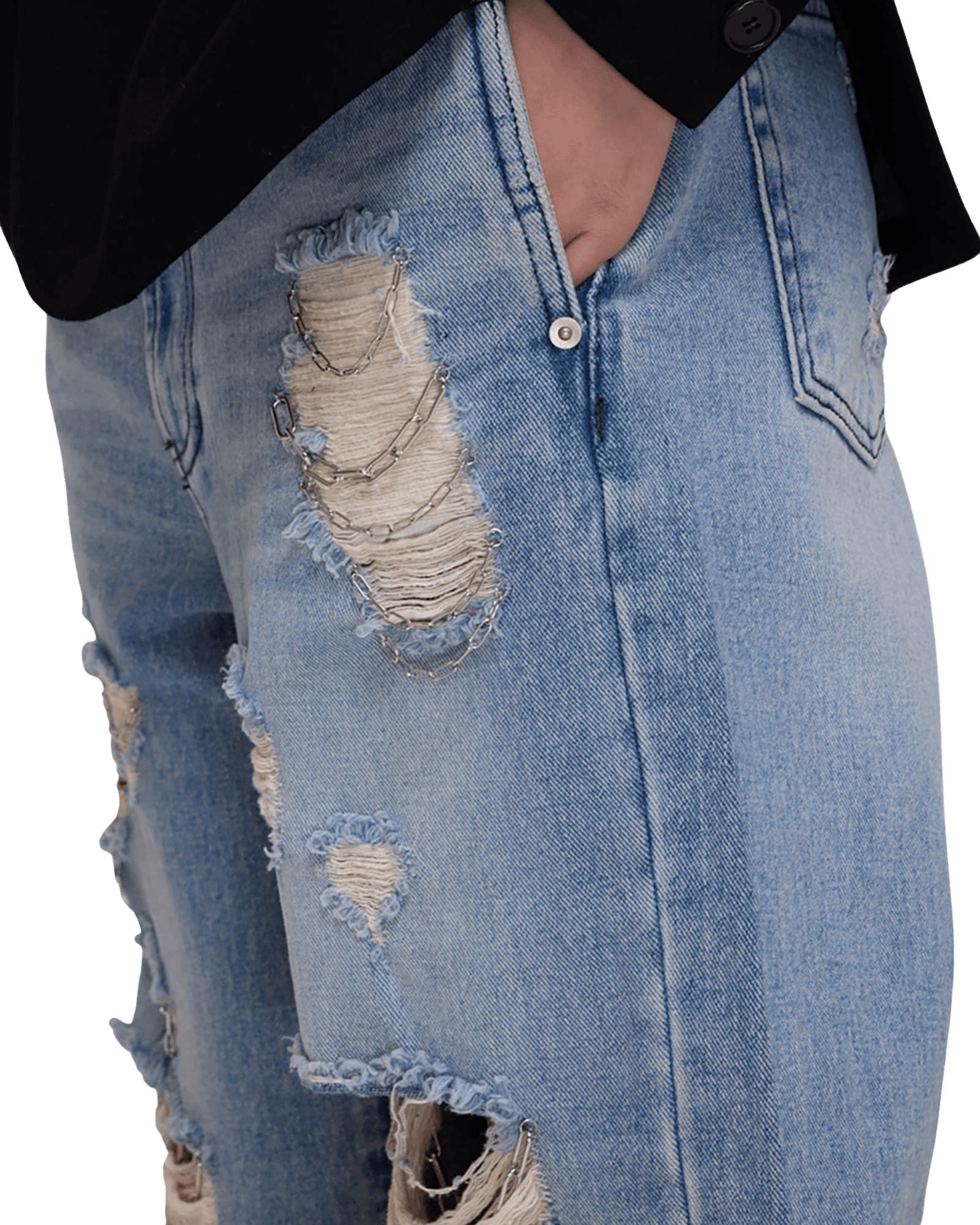Chain Embellishment Destroyed Jeans (Blue) — vue 12