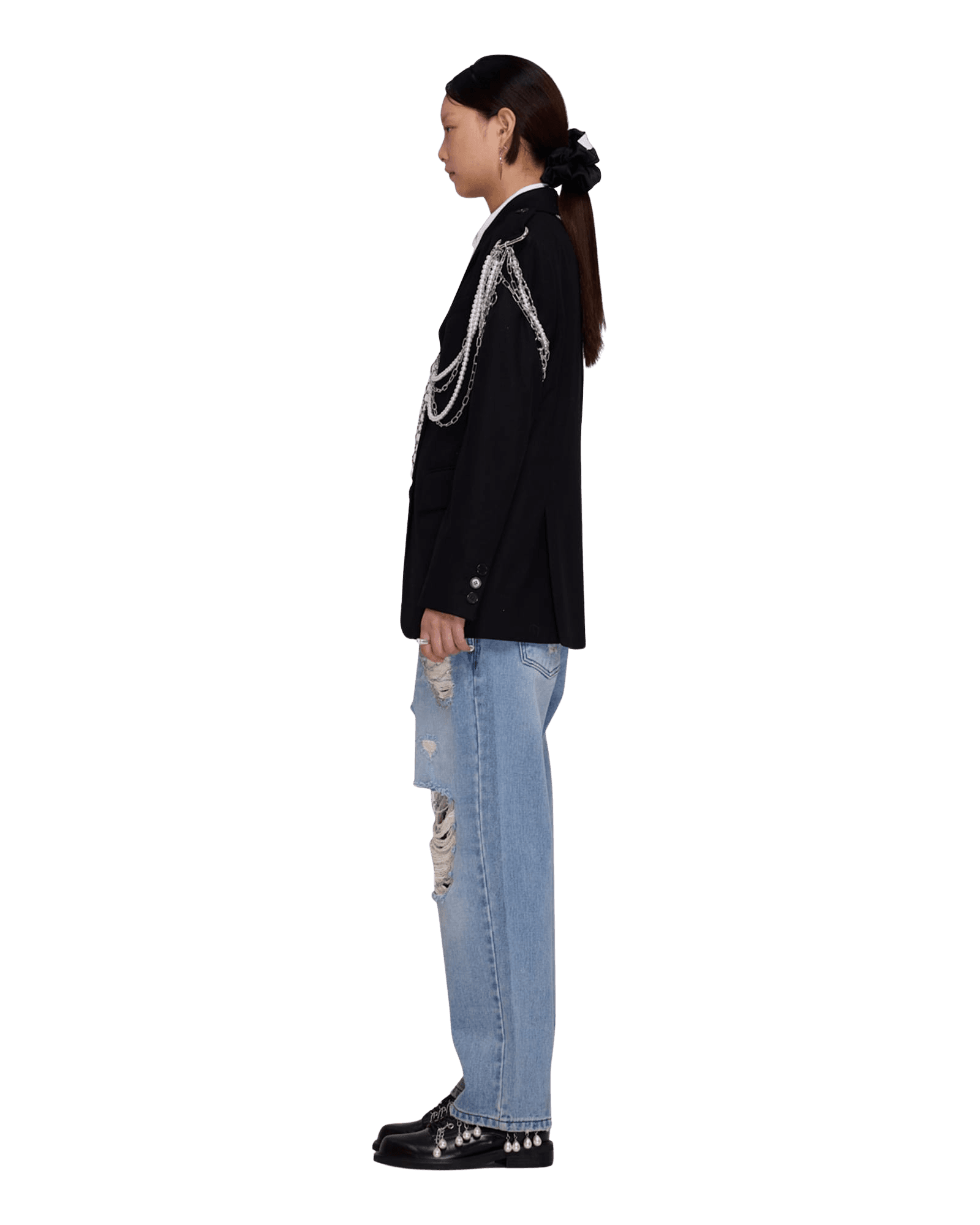 Chain Embellishment Destroyed Jeans (Blue) — vue 8
