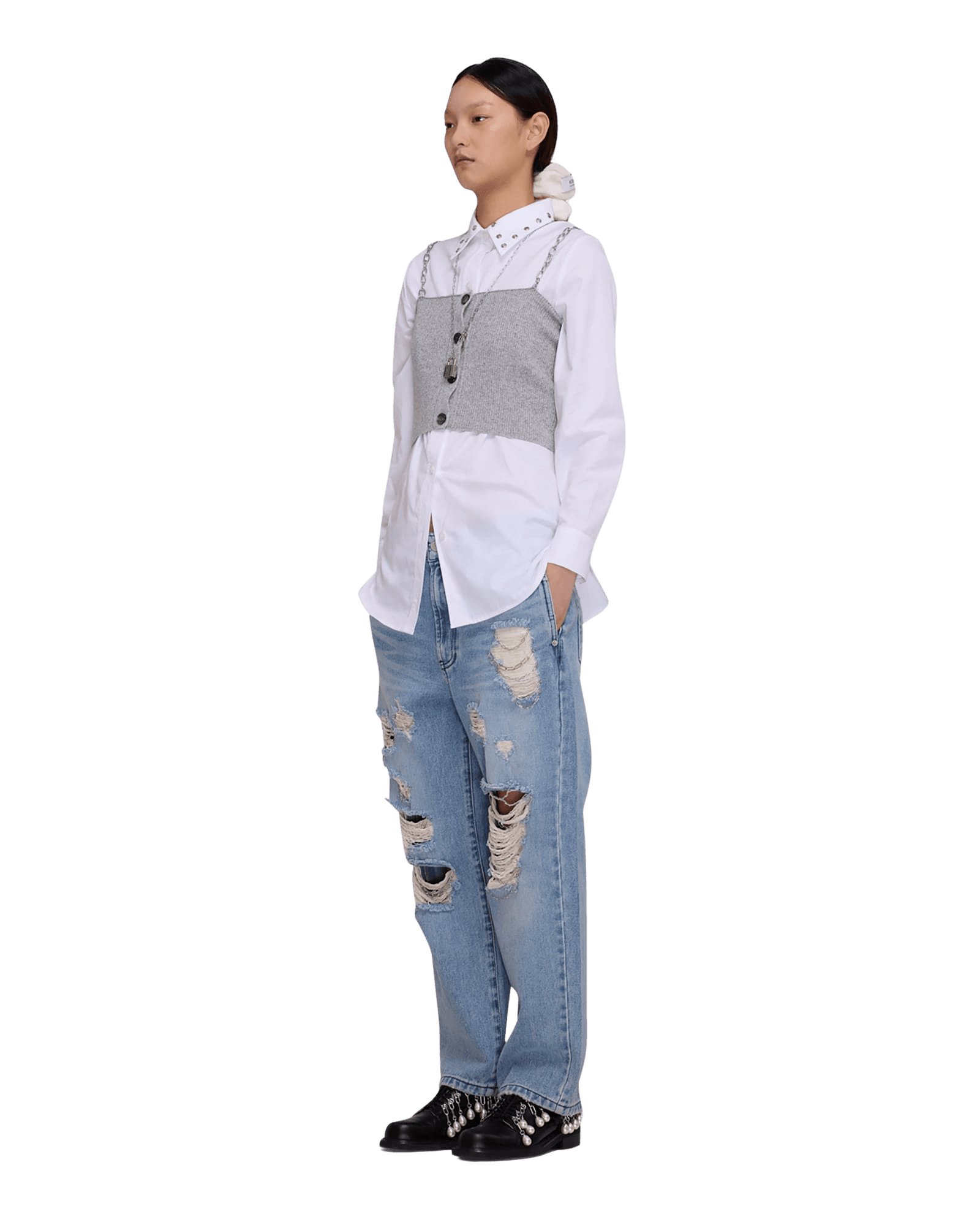 Chain Embellishment Destroyed Jeans (Black) — vue 2