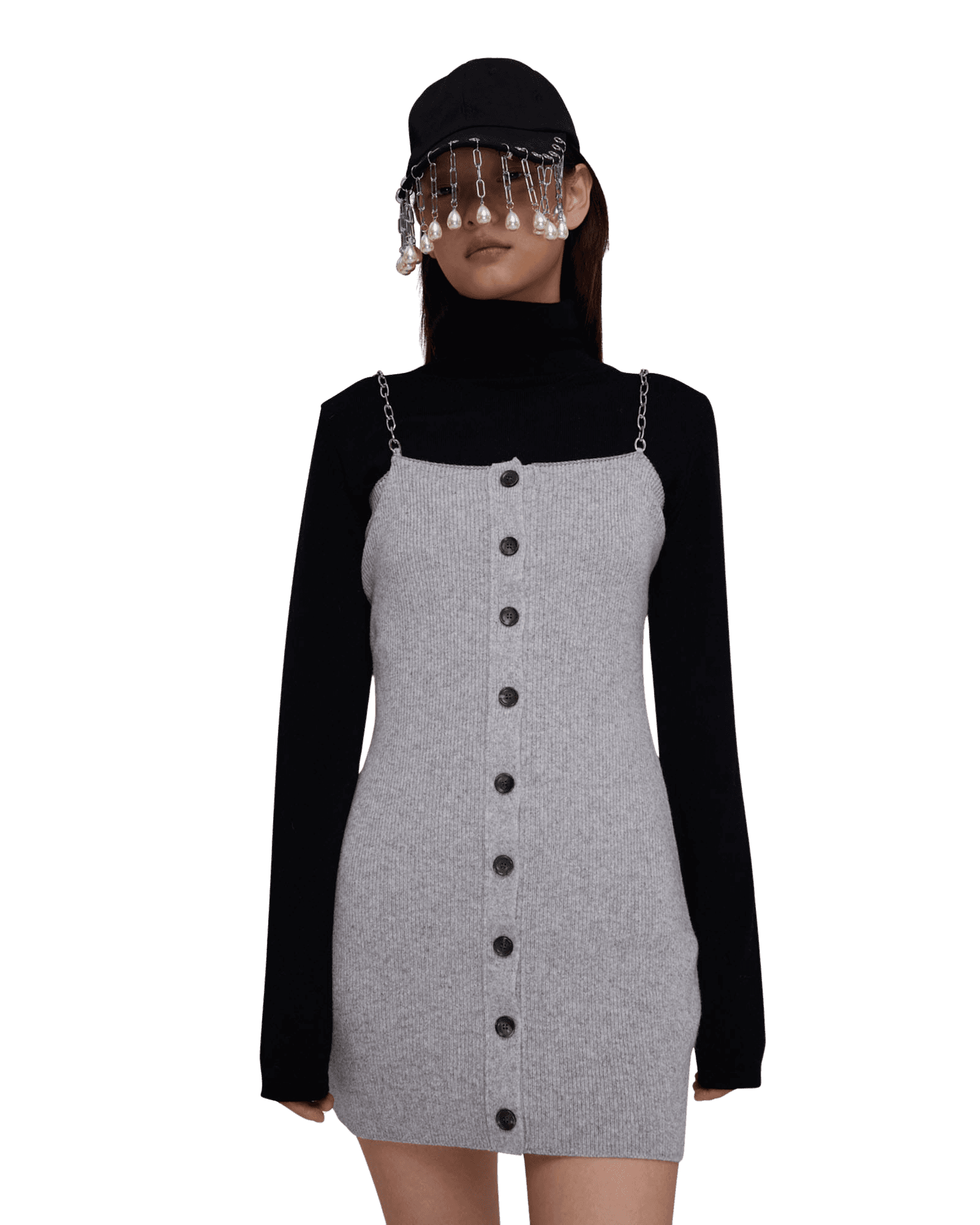 Detachable Chain Strap Wool Knitted Dress (Black) — vue 5