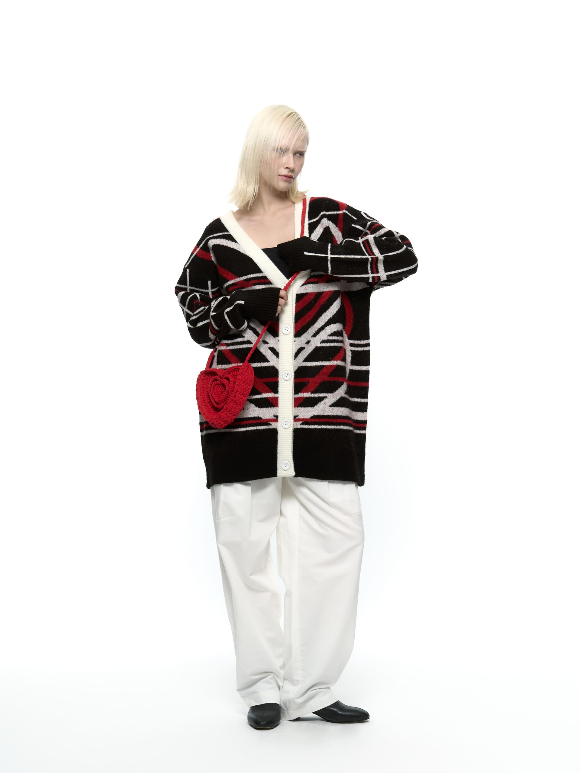 Heart Graphic Knit Cardigan (Red) — vue 11