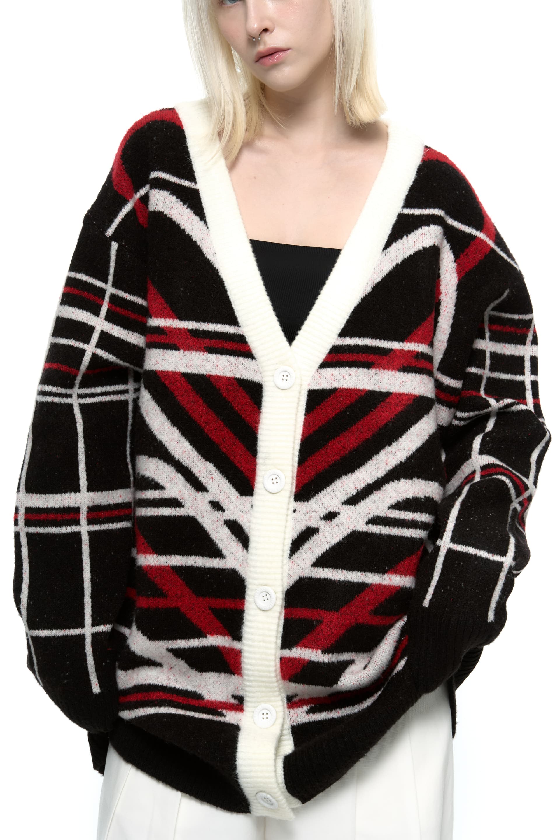 Heart Graphic Knit Cardigan (Red) — vue 13