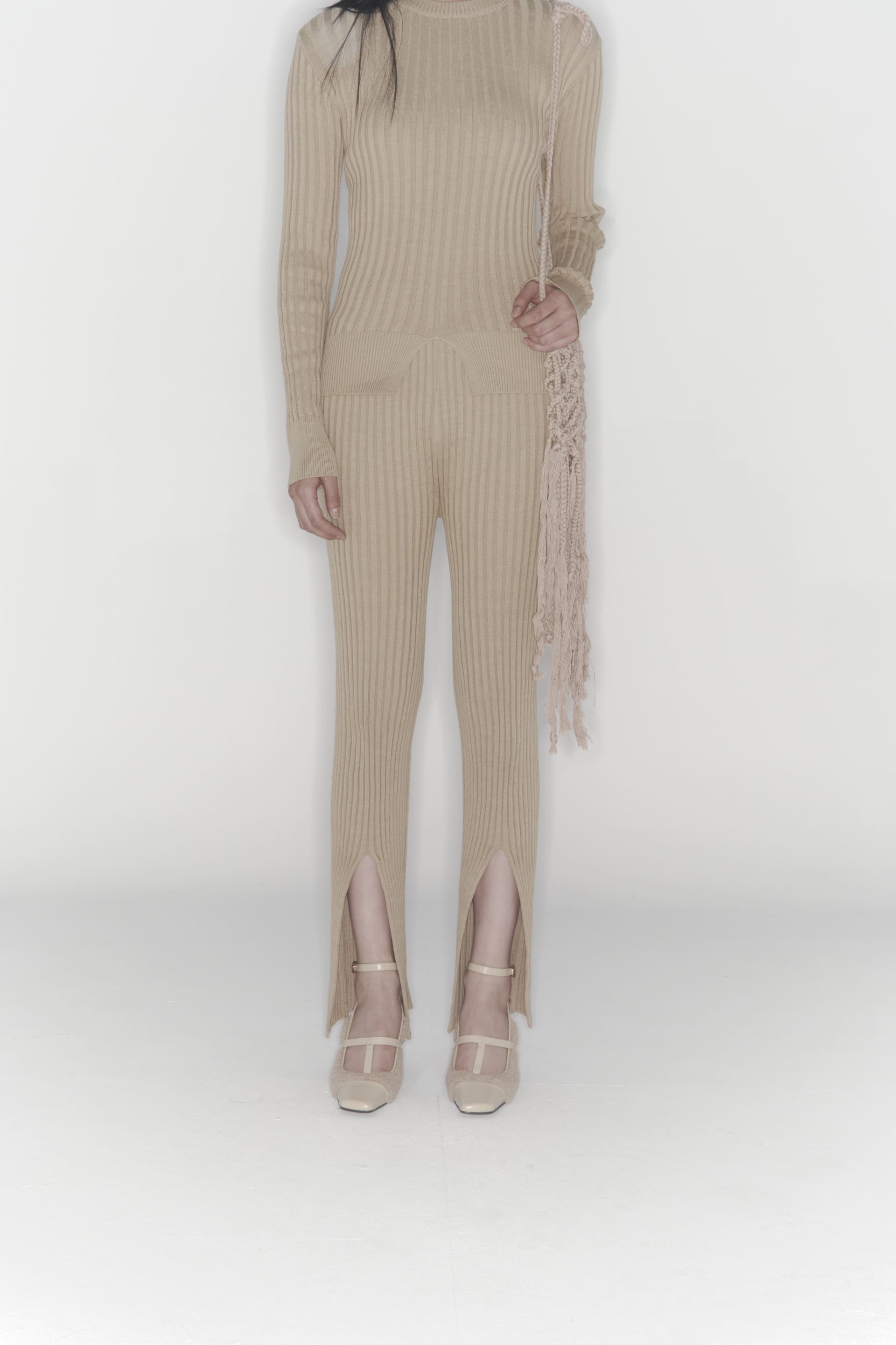 Ribbed Knit Pants (Beige) — vue 1