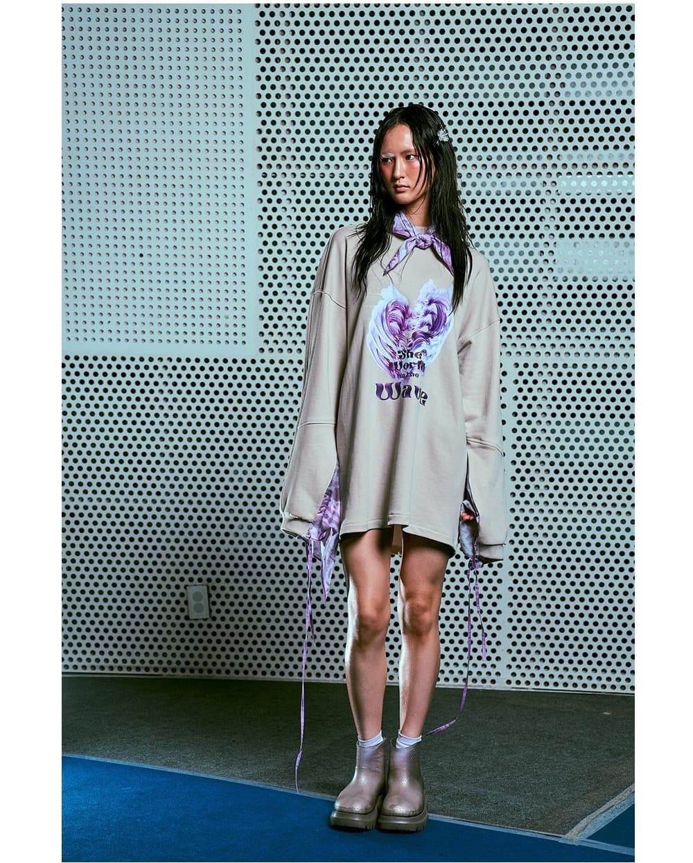 26SS Purple Wave Slit Layered Pink Beige Sweat One-Piece — vue 4