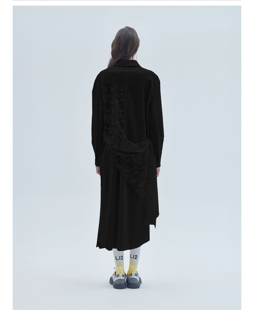 Lace Mix Unbalanced Shirt Long Dress Black — vue 4