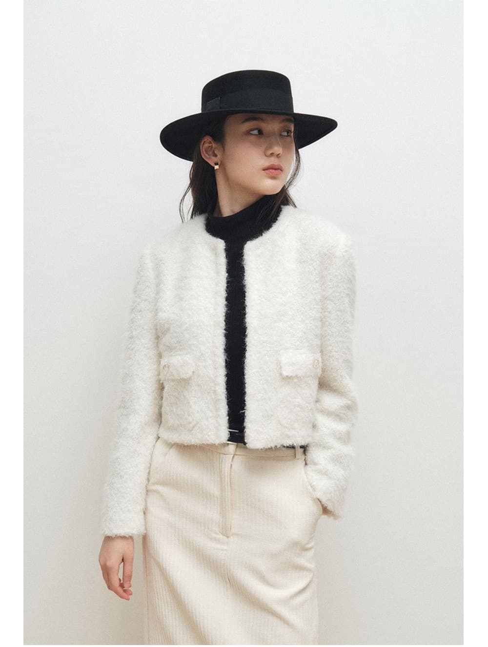 Soft Bouclé Cropped Cardigan (Ivory) — vue 3