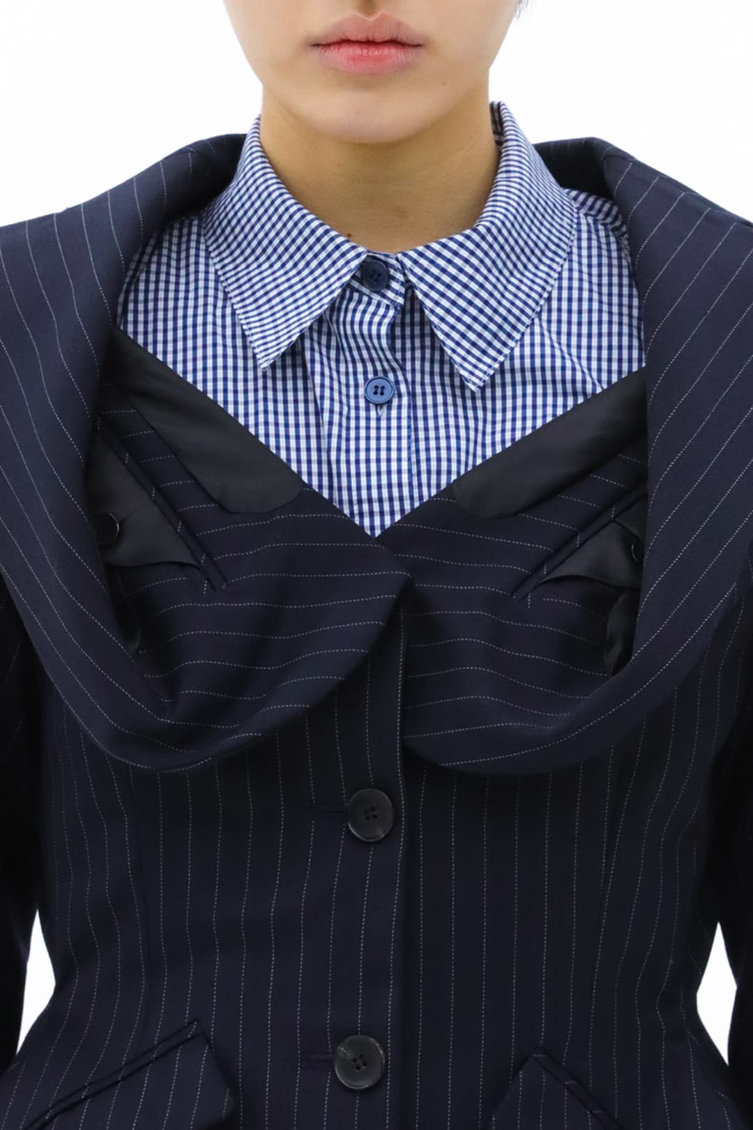Origami Collar Hourglass Blazer (Navy) — vue 3