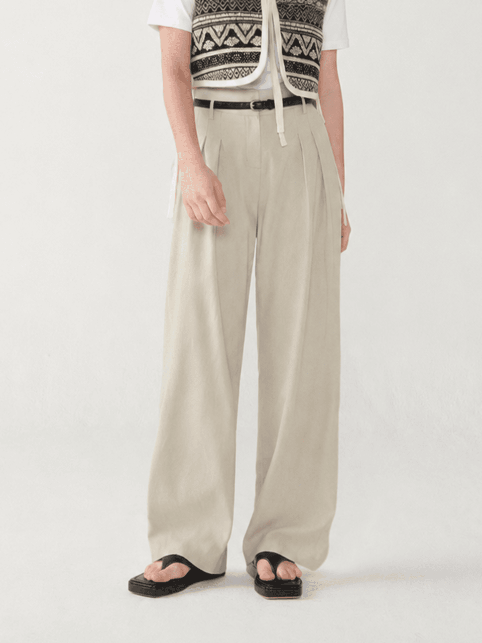 Wrinkle crepe wide banding pants - Light warm gray — vue 1