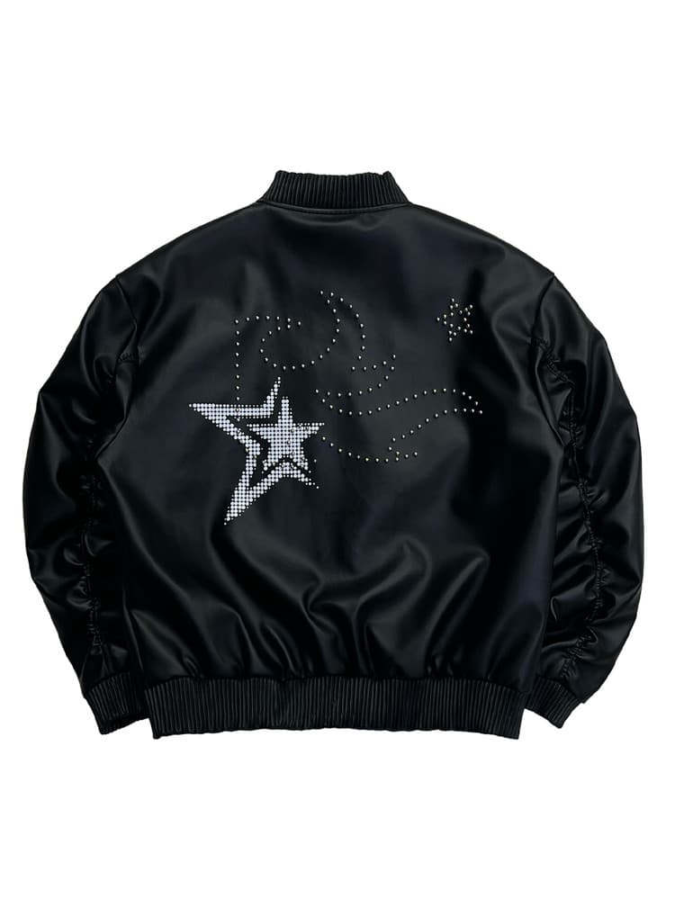 Flame Stars Stud Bomber Vegan Leather Jacket — vue 2