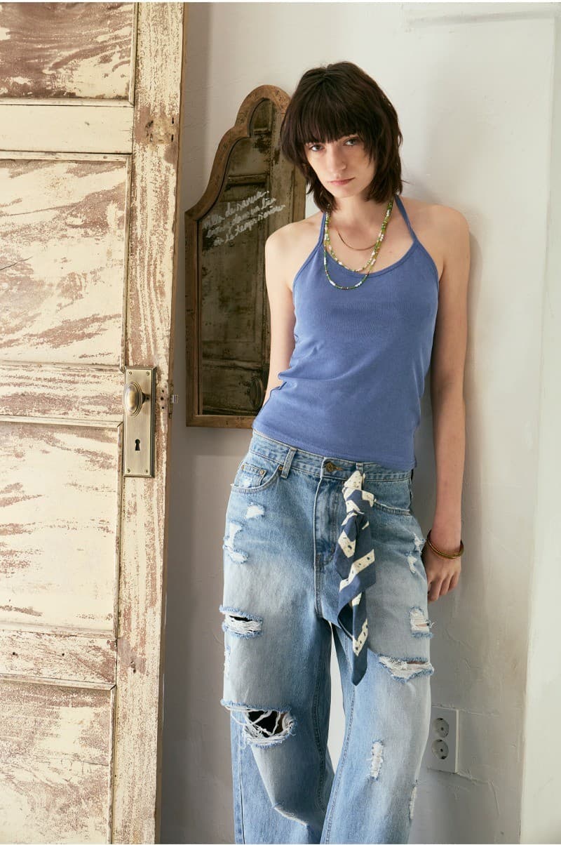 Beads Pigment Halter Neck Sleeveless Blue — vue 5