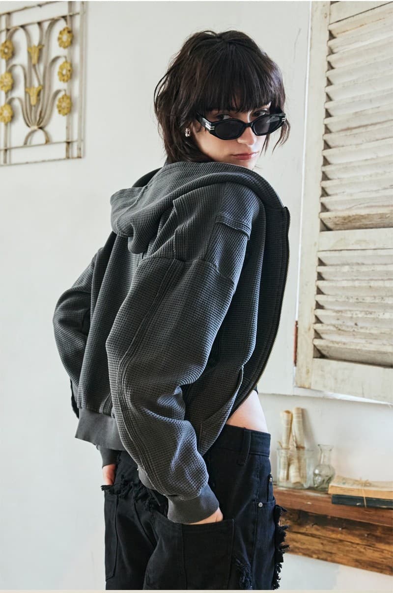 Raw Pigment Waffle Hood Zip Up Charcoal — vue 8