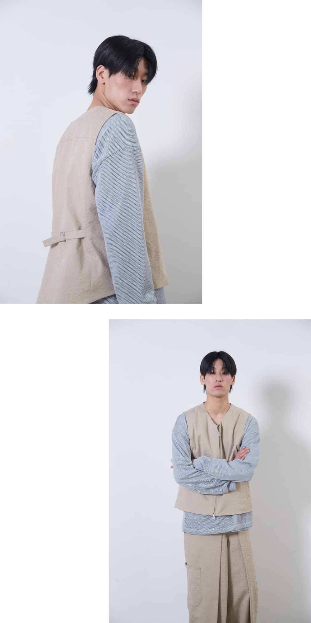 Flower Jacquard Belted Vest (Beige, Men) — vue 10