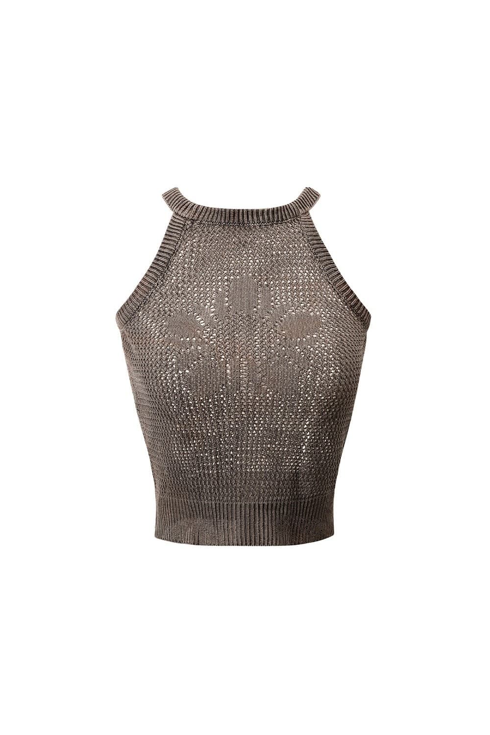 Batch No.2 Traditional-Dyed Persimmon & Ink MUGUNG Crochet Halter Sleeveless (Brown) — vue 3
